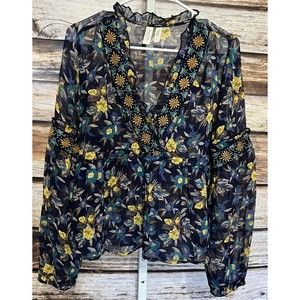 Anthropologie SZ Small Meadow Rue Blue Floral Women's Semi Sheer V Neck Top